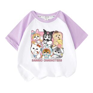 夏季插肩半袖小女生mofusand鲨鱼猫纯棉t恤韩版鲨鱼猫中大童上衣