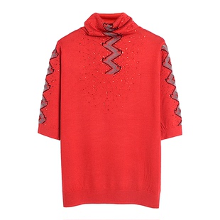 春款女装2026年新款针织衫高领短袖上衣镂空烫钻天丝羊毛打底2813