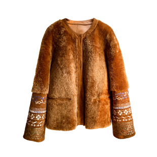 AFRASANNO 皮毛一体女外套西班牙拉贡皮草显瘦时尚重工刺绣圆领款