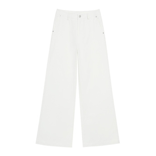 pusumede 长期爱穿 白色高腰休闲直筒裤女宽松垂坠感阔腿长裤子