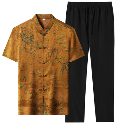 皮尔卡丹新中式短袖唐装男士中国风立领桑蚕丝套装喜公公生日夏装