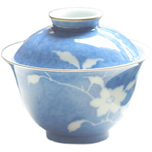 云木在 洒蓝留白栀子花茶碗 手工剔白花卉陶瓷描金盖碗 人文茶器