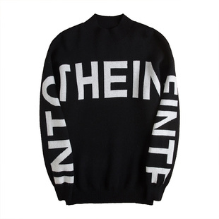 秋冬新款字母中领宽肩半高领羊绒衫男纯山羊绒圆领加厚宽松毛衣男