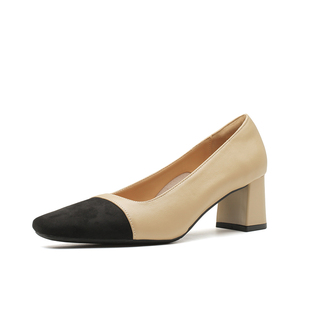 真皮小香风单鞋女2026新款春秋粗跟方头浅口瓢鞋法式高跟鞋配裙子