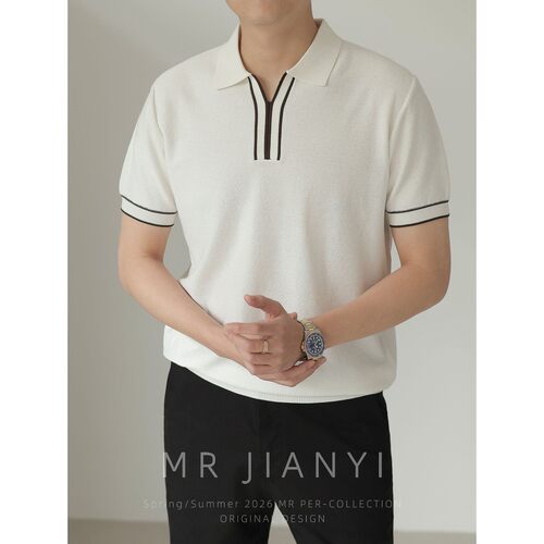 MR JIANYI夏季黑白乐章海鸥领针织短袖Polo衫商务休闲半袖T恤男装