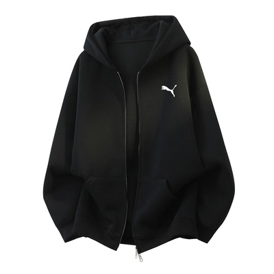 秋冬新款刺绣美式连帽加厚开衫拉链卫衣男款重磅宽松情侣外套休闲