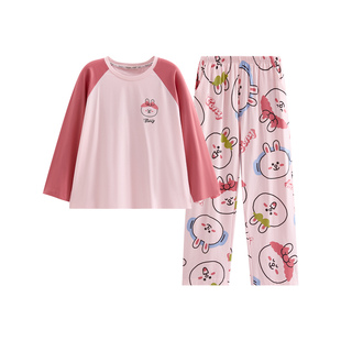 芬腾睡衣女春秋季新款纯棉长袖套装可爱布朗熊卡通休闲家居服春天