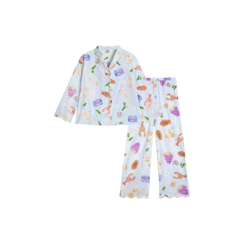 Lazy Daisy Sissi南法假日格纹印花纯棉长袖睡衣可外穿家居服套装
