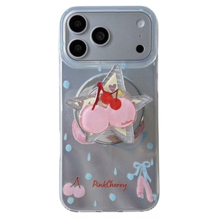 美牧 韩系羽纱蓝波点甜美樱桃适用苹果17promax手机壳iphone16pro新款17女14pro磁吸支架15pro全包防摔手机套
