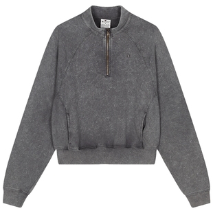 Champion冠军插肩袖卫衣女春秋水洗做旧半拉链立领上衣潮短款显瘦