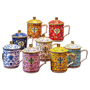 景德镇珐琅彩茶杯陶瓷带盖家用办公室水杯大号泡茶杯高档个人专用