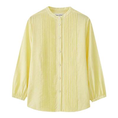 【王艳明星同款】MOP经典复古风琴褶透气亚麻长袖立领衬衫女上衣