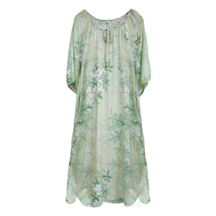 新中式国风棉绸睡裙女夏改良旗袍气质睡衣系带减龄度假印花绵绸裙