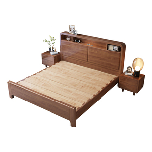 北欧全实木床静音榫卯结构满铺床板简约USB充电小夜灯气压储物床