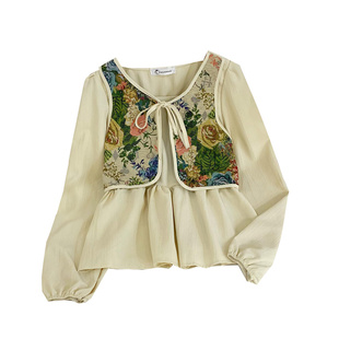 宫廷复古法式百搭假两件套提花马甲背心拼接长袖宽松衬衫上衣女