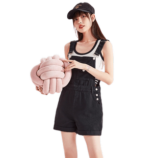 唐狮休闲短裤女宽松背带裤夏季净色黑色阔腿短裤小众设计背带裤