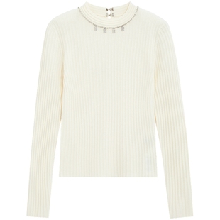 bebe2025秋冬新款女士知性风含羊毛半高领亮银色针织上衣430517