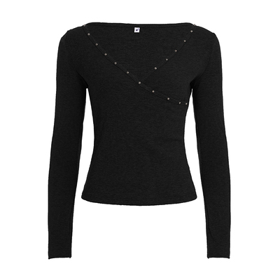 WEEKEEP 简约休闲纯色交叉V领铆钉设计长袖T恤女百搭修身打底上衣