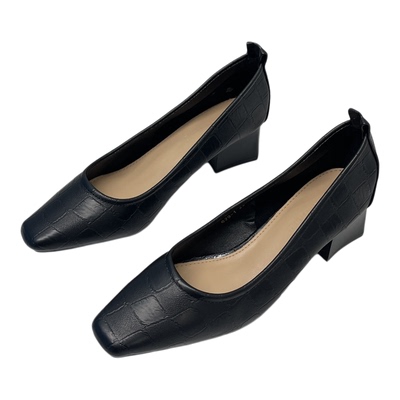 方头粗跟软皮单鞋法式复古粗跟