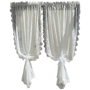 厨房遮挡隐私纱帘半帘免打孔魔术贴法式蕾丝窗帘透光不透人遮阳帘