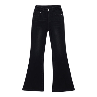 显腿长！加厚绒御寒显瘦修身喇叭牛仔裤女高腰黑灰色加绒微喇长裤