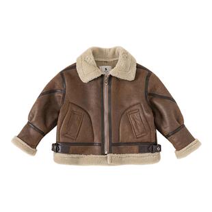 儿童机车服男童皮毛一体外套加绒帅气皮衣女童麂皮绒冬装潮童衣服