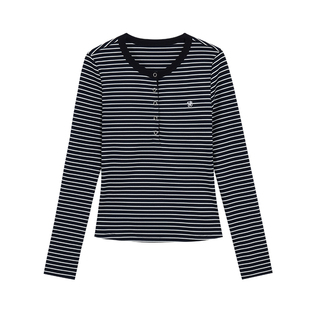 pusumede 布朗日志 条纹圆领长袖打底衫上衣女刺绣修身针织t恤