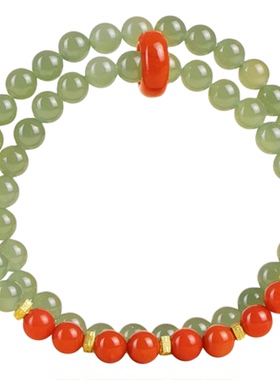 金鱼胡同新中式国潮风和田玉双圈叠戴南红转运珠跑环手串