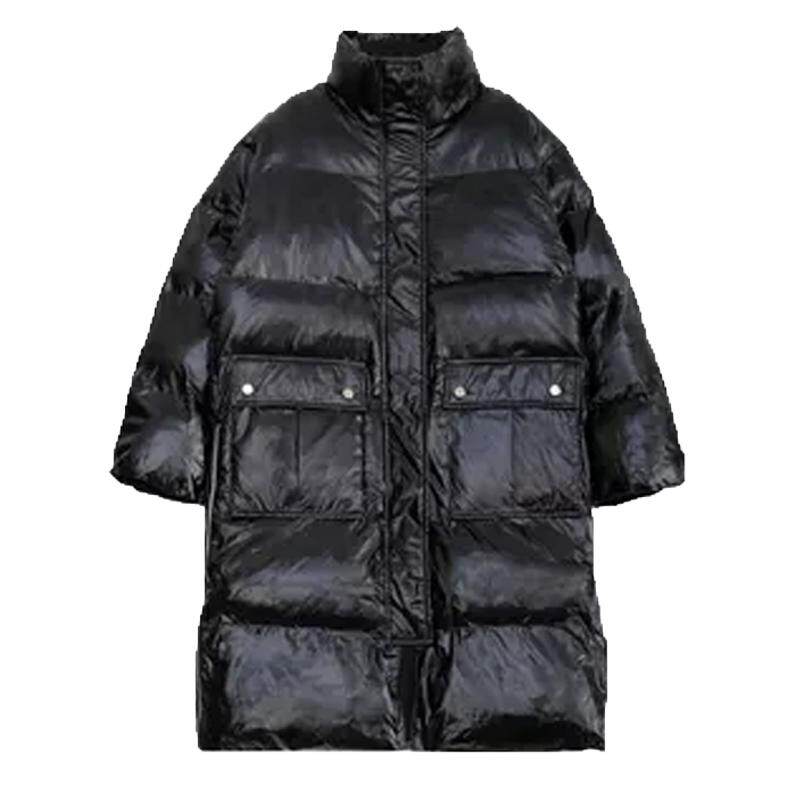 简约立领黑色亮面棉服女中长款大口袋加厚面包服冬季新款棉衣外套