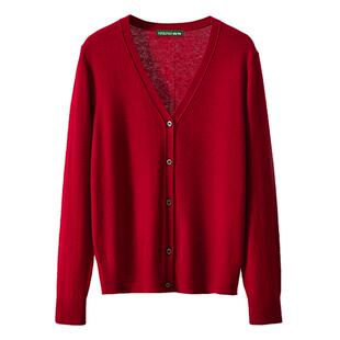 春竹100%绵羊毛V领女开衫简约基础长袖薄款休闲针织衫外套女上衣