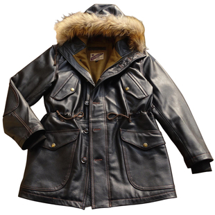 26春新【重磅全粒面牛皮】RL真毛领中长款连帽派克大衣真皮衣男女