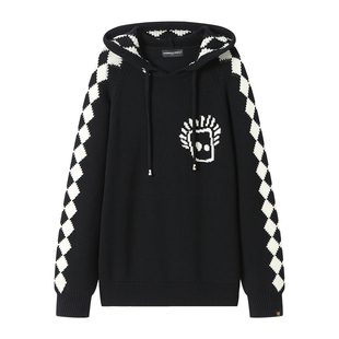 Dangerouspeople薛之谦dsp菱形格撞色连帽针织衫落肩慵懒保暖毛衣