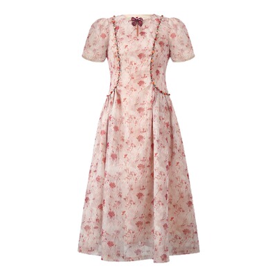 设计感钉珠印花收腰粉色连衣裙