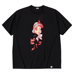 KOLOR 阿部润一 日本男夏季匹诺曹卡通拼接缝线圆领宽松短袖T恤