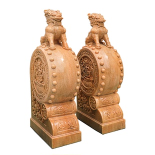 石雕门墩天然晚霞红家用麒麟石鼓一对庭院别墅门口石墩摆件抱鼓石