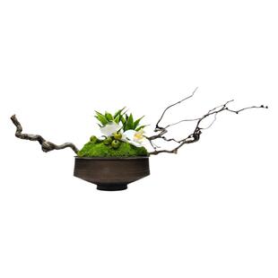 新中式创意实木龙柳枝永生苔藓摆件客厅样板房间茶几桌面仿真花艺