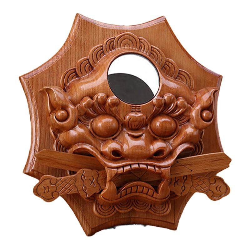 桃木狮咬剑牌兽头虎头凸八卦镜子睚眦阳台吞口兽尖角门对门饰挂件