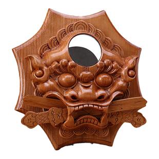 桃木狮咬剑牌兽头虎头凸八卦镜子睚眦阳台吞口兽尖角门对门饰挂件