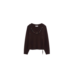 XU ZHI25秋冬新品串珠装饰飘带小众设计高级感U领内搭针织上衣