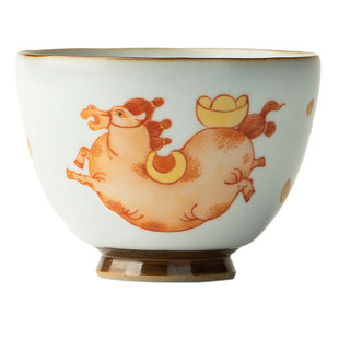 三勤堂马上有钱主人杯中式手绘陶瓷茶杯白色金边茶具单杯品茗杯