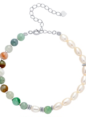 一撇一捺翡翠手链925银拼接珍珠