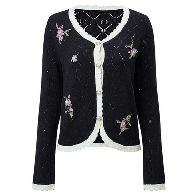 MAXRIENY千金优雅感绣花撞色针织外套25秋款收腰修身长袖上衣女