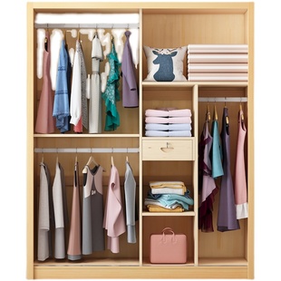 现代实木移门衣柜卧室滑门环保儿童成人衣橱推拉门松木经济型收纳