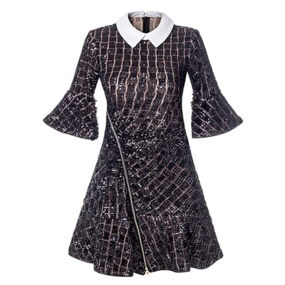 蕾丝纯色欧美亮片荷叶边裙