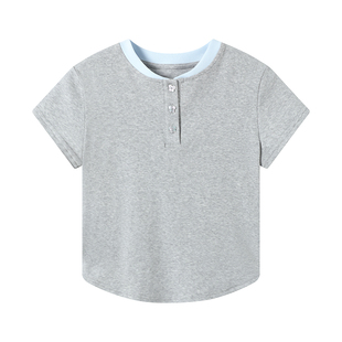 Rrichu 晴空baby云感短袖女修身窄肩显瘦撞色居家感亨利领基础t恤