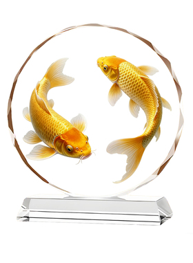 黄金双锦鲤高档水晶摆件商务送礼