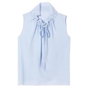 朗姿气质高级感法式2025年夏季新款花苞领飘带无袖黑色衬衫设计感