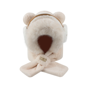 耳罩小熊帽子围巾一体女冬季可爱护耳连帽围脖御寒保暖毛绒两件套