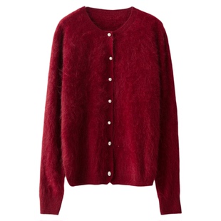 一丝牵100%山羊绒拉绒毛衣无缝针织衫女珍珠扣保暖加厚开衫上衣春