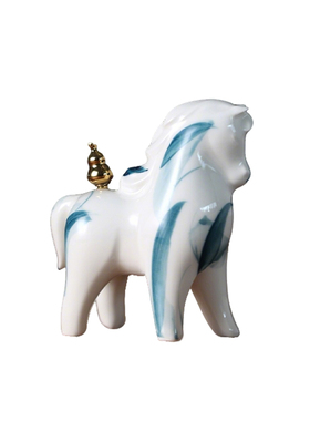 景德镇手绘青花陶瓷马摆件招财